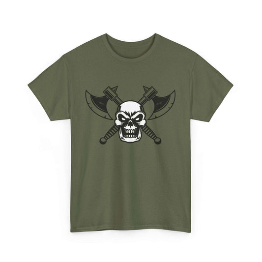 Savage Squad Gym Shirt featuring skull and crossed axes design on green fabric.