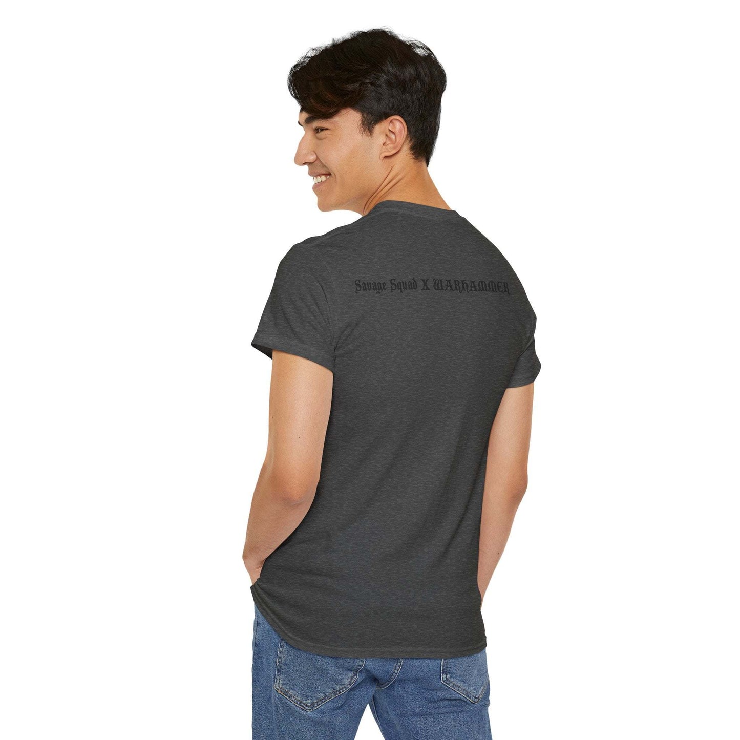 Savage Squad X WARHAMMER gym shirt in dark gray, back view.