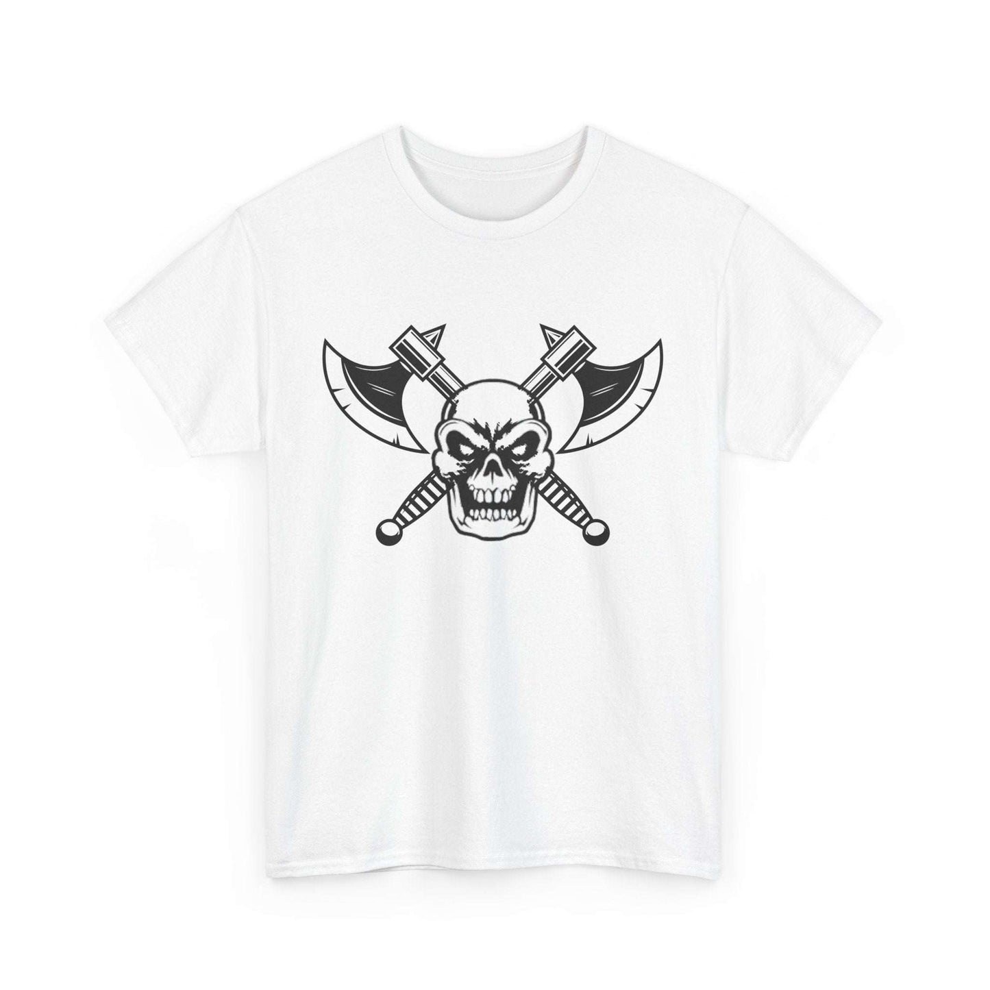Savage Squad X Warhammer white gym shirt with skull and axes design.