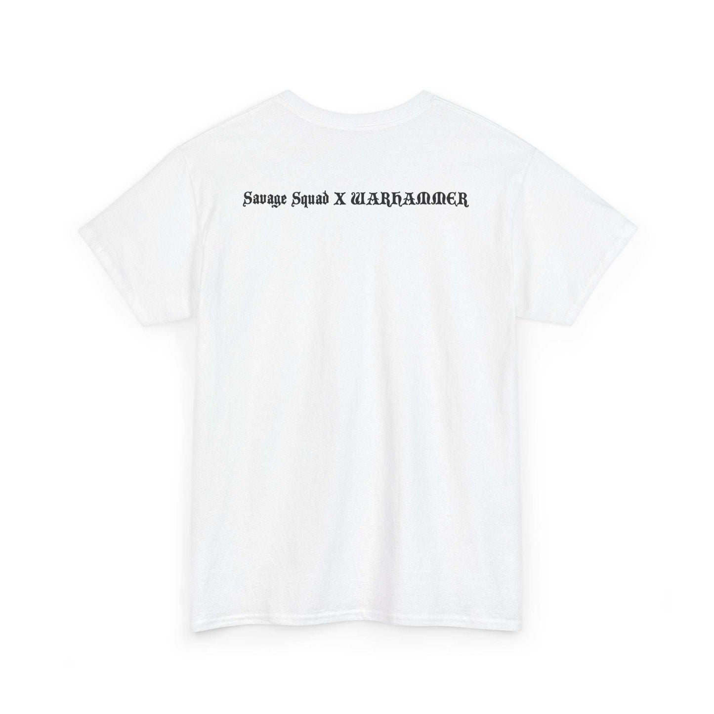 Savage Squad X WARHAMMER gym shirt, back view, white color, various sizes available.