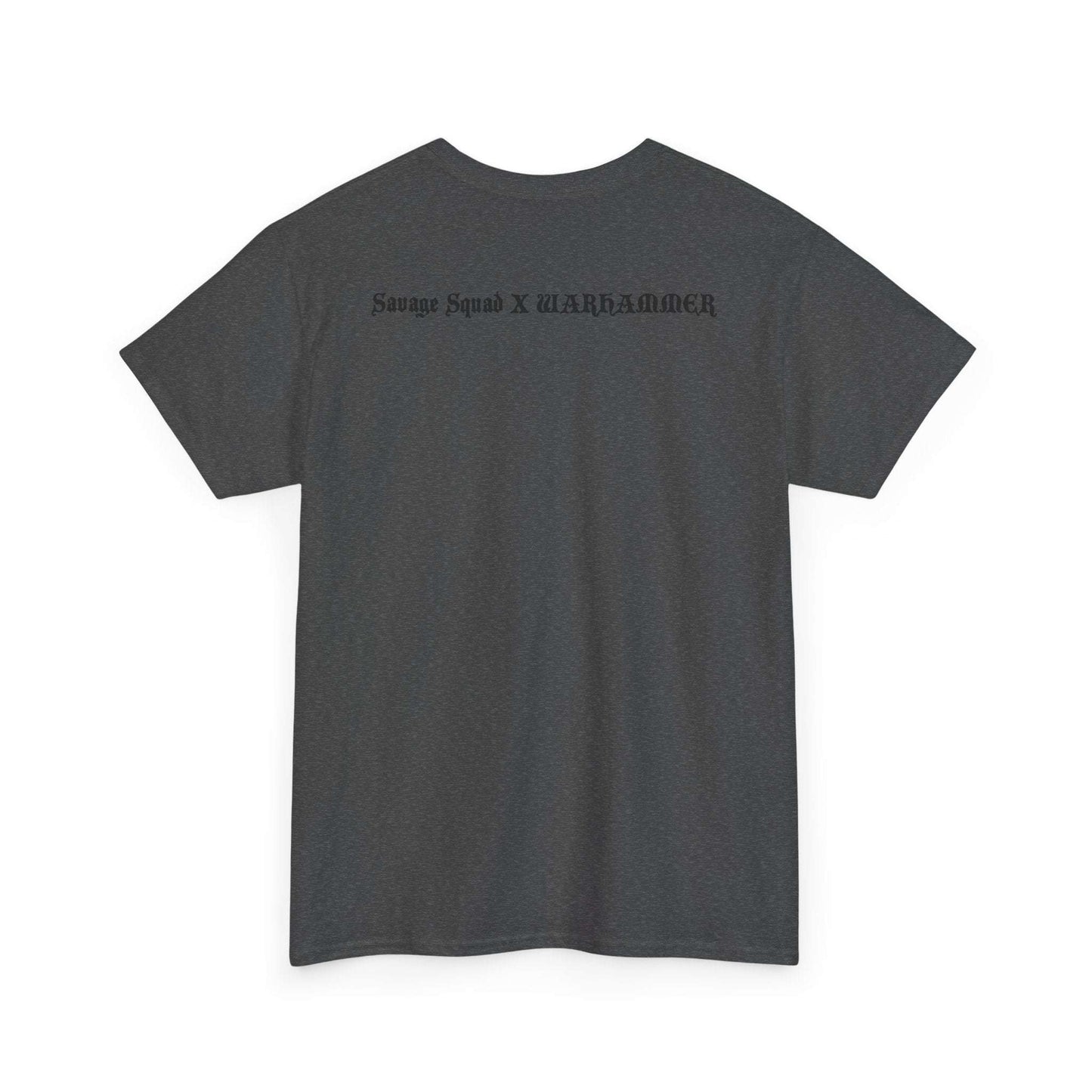 Savage Squad X WARHAMMER gym shirt in dark color, showcasing back design.