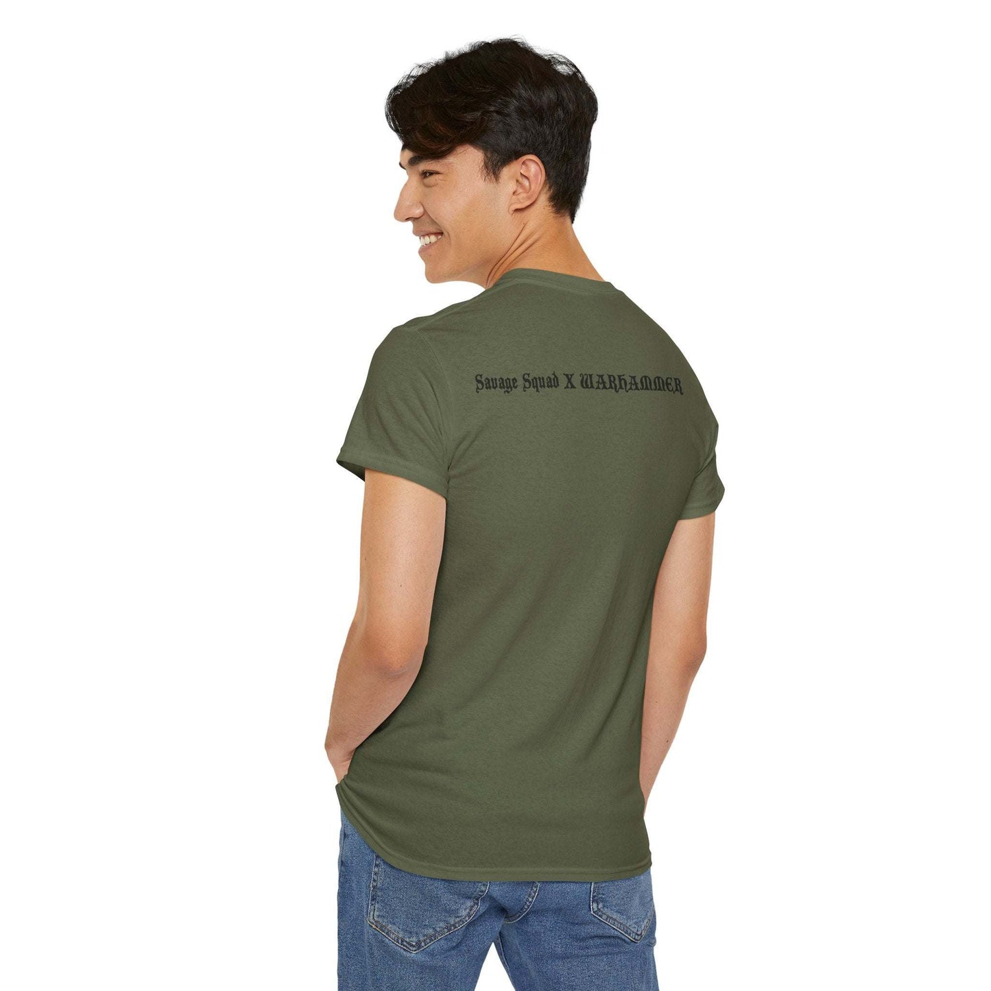 Savage Squad X WARHAMMER gym shirt in green with back print design.