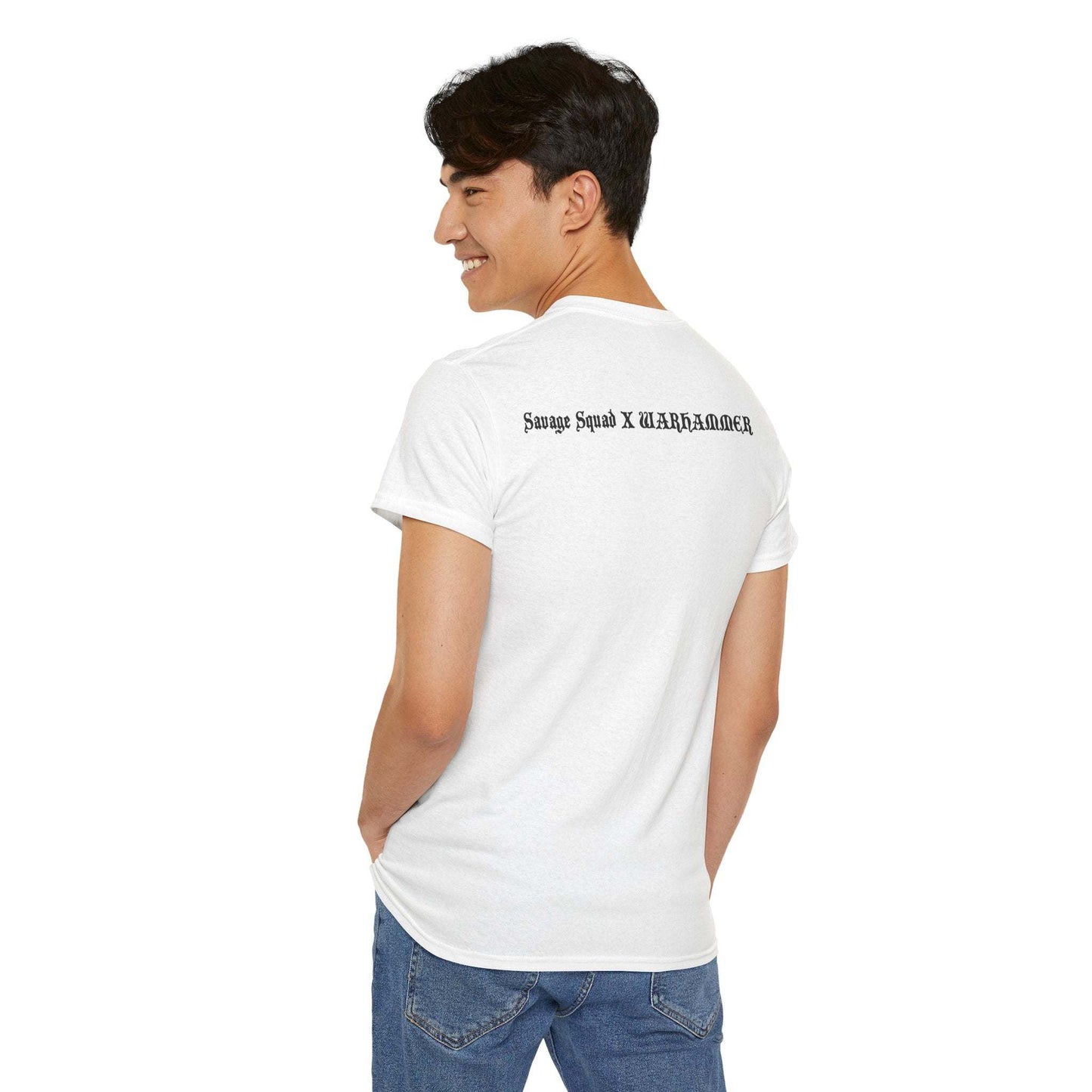 Man wearing white Savage Squad X WARHAMMER gym shirt with back logo design.