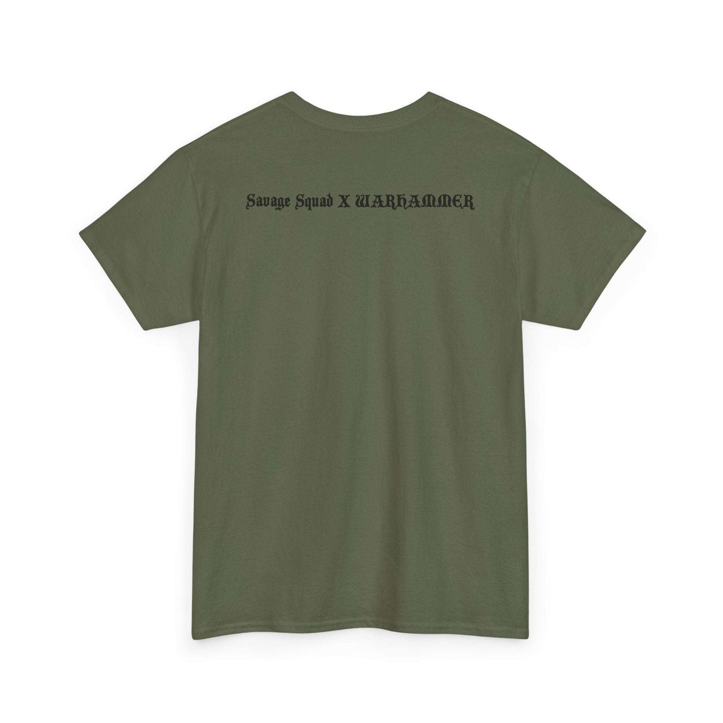 Savage Squad X WARHAMMER gym shirt in green color, featuring branding on the back.