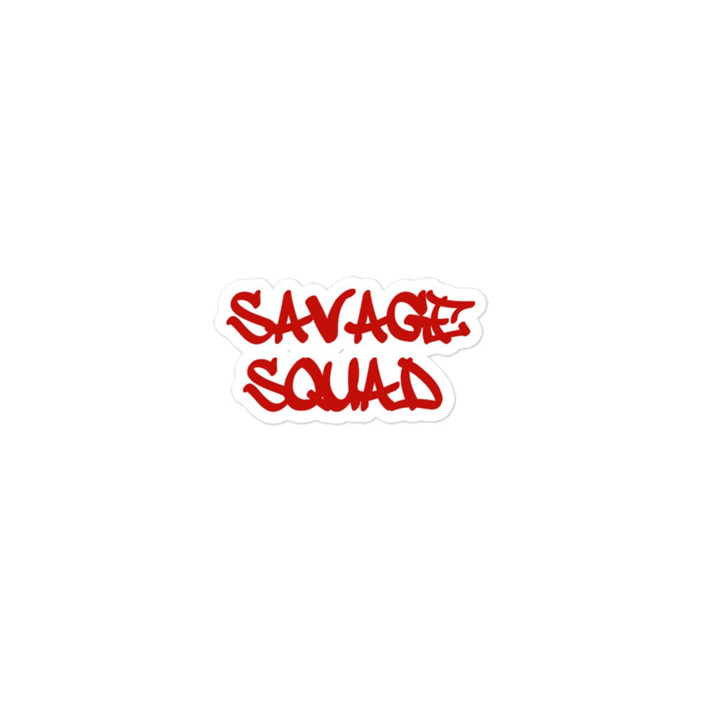 Red logo vinyl sticker with "Savage Squad" text, durable high-opacity adhesive, bubble-free application.