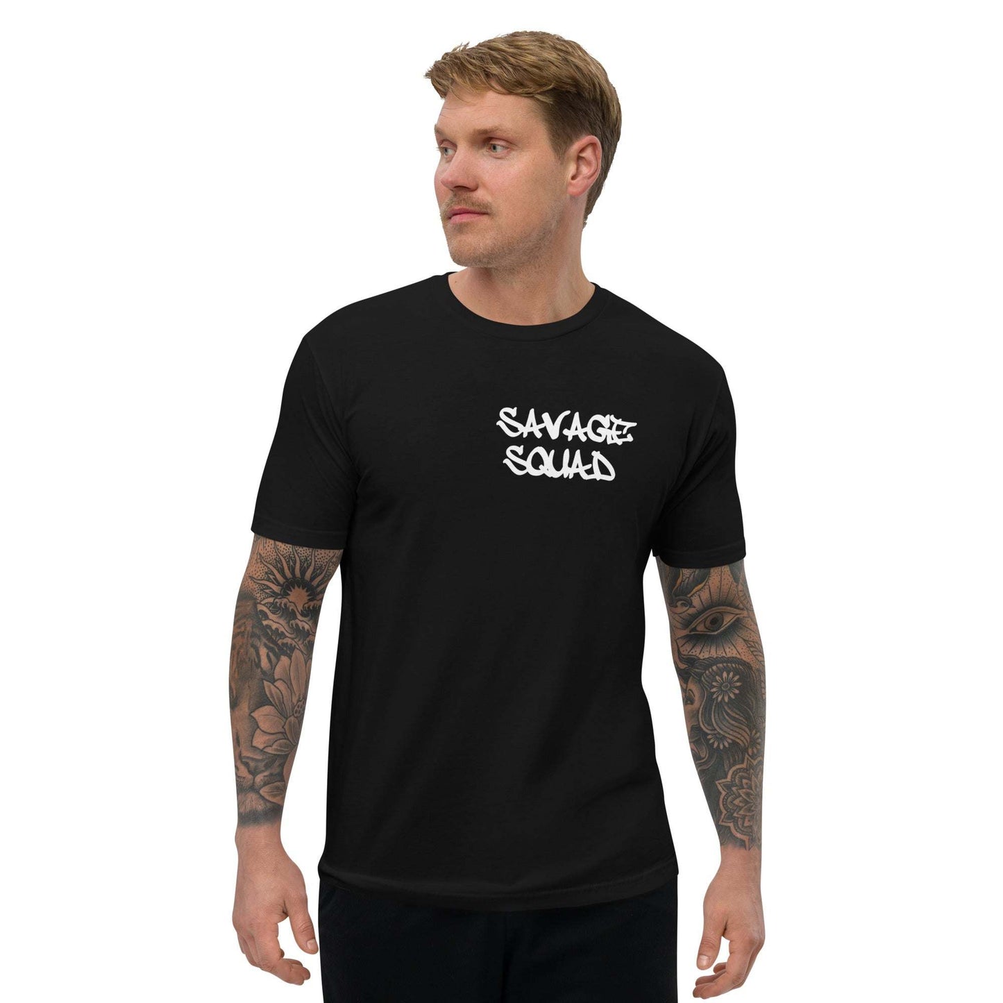 Black logo tee with "Savage Squad" design, perfect fitted t-shirt for casual wear.