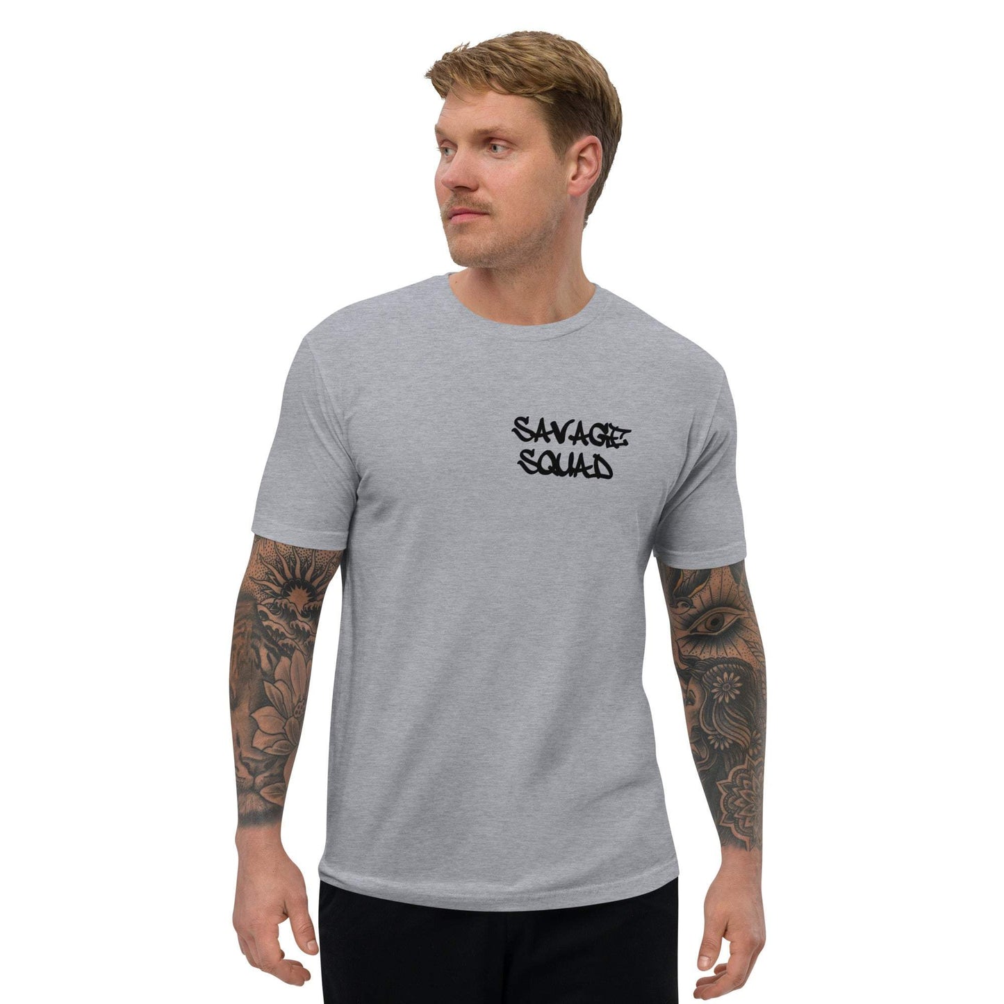 Man wearing gray logo tee with "Savage Squad" text, showcasing casual style and fitted design.