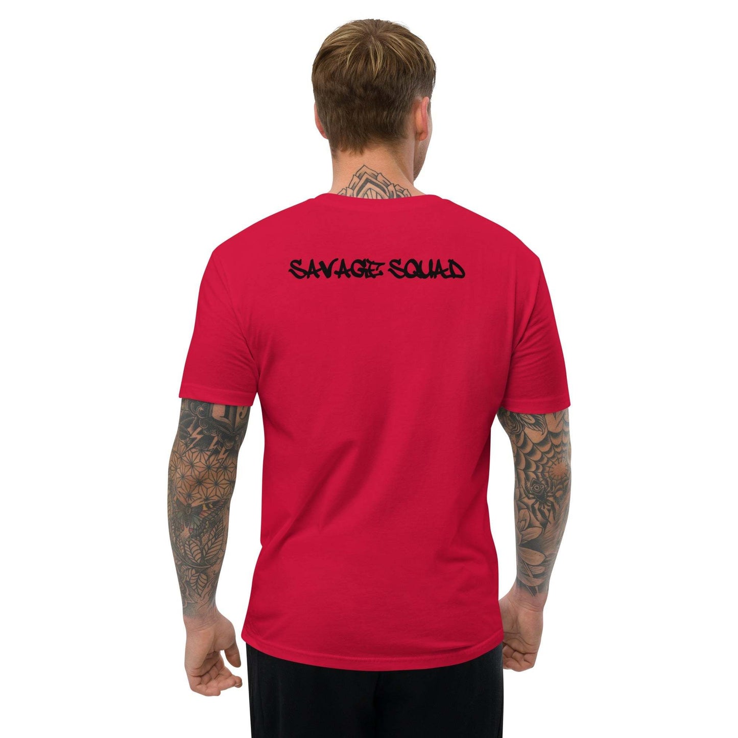 Red "Logo Tee" featuring "Savage Squad" print on the back, available in various sizes.