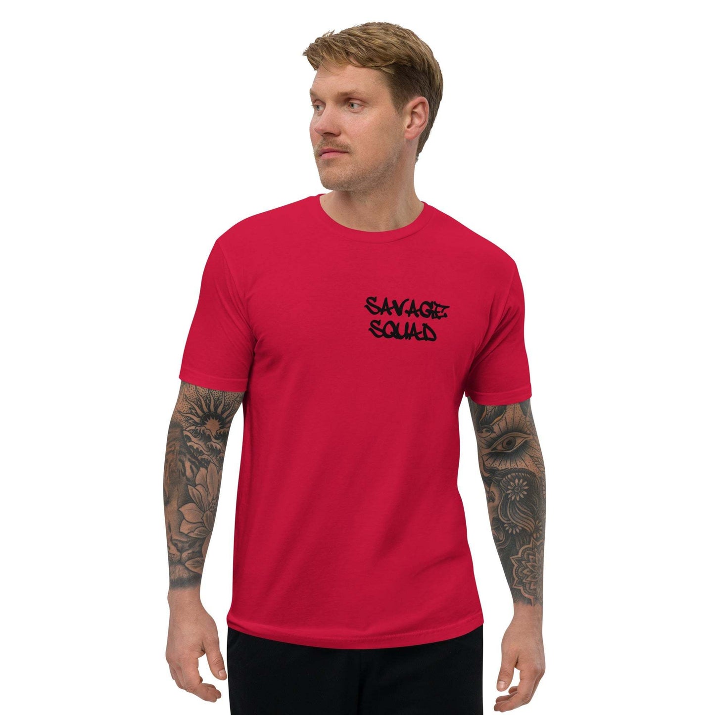 Red logo tee with "Savage Squad" design, worn by a male model.