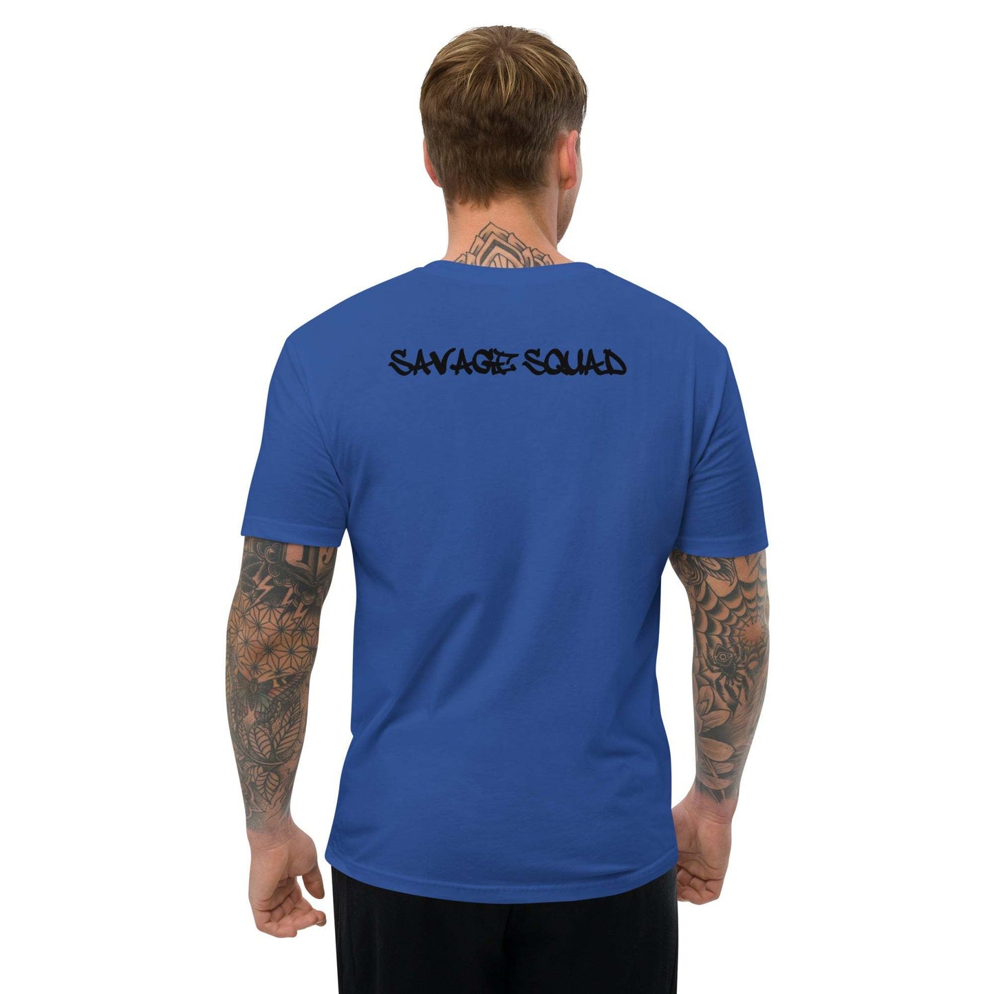 Blue Logo Tee featuring "Savage Squad" text on back, next-level fitted design.