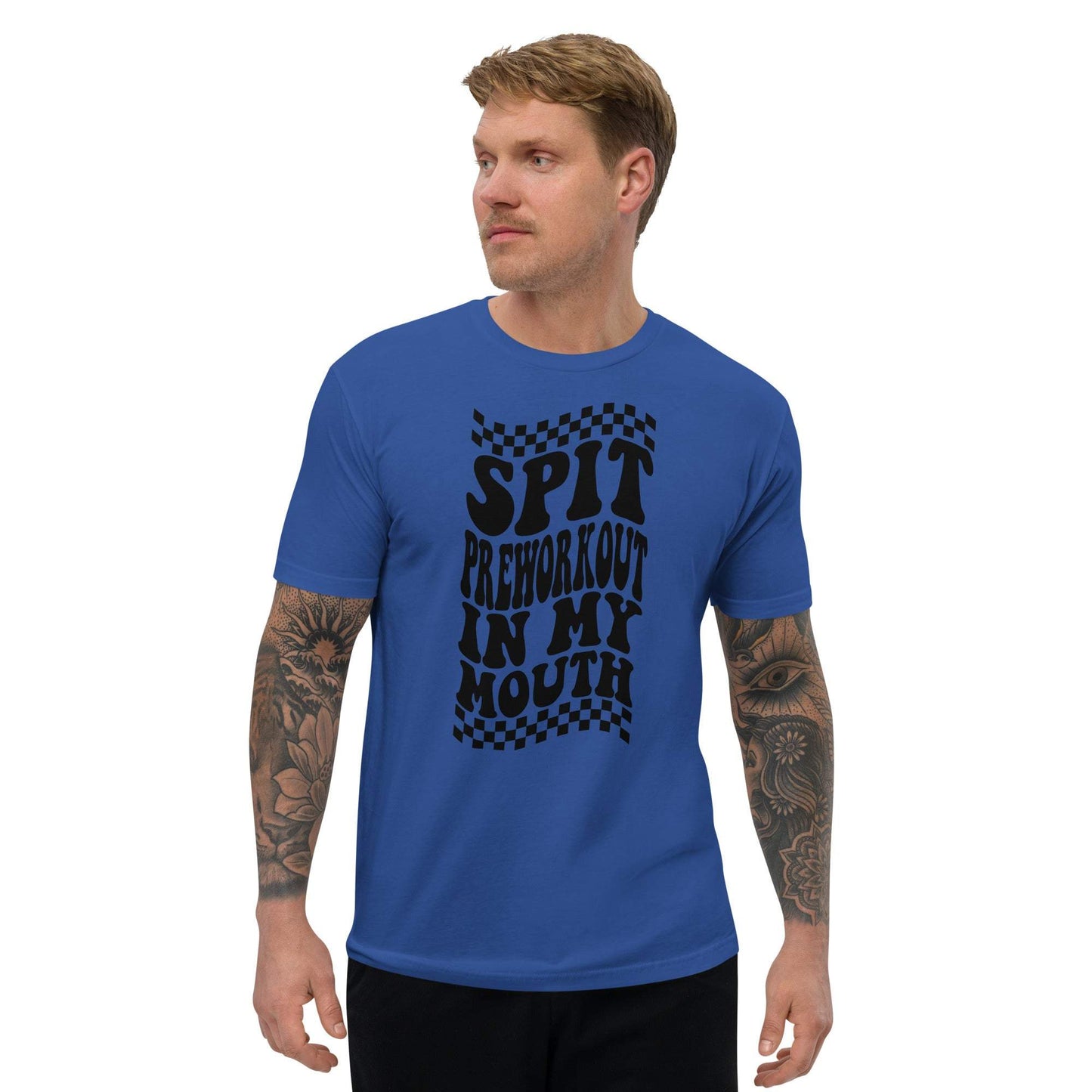 Men's Pre Work Out Tee in blue, featuring bold graphic text, lightweight and form-fitting.