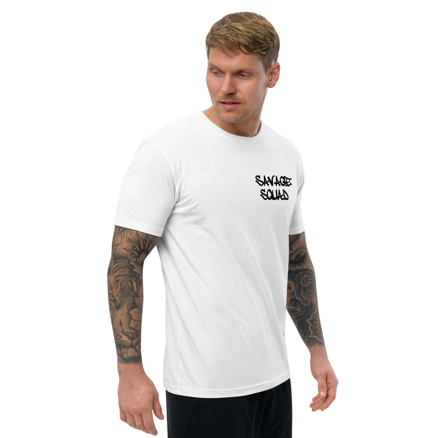 White Logo Tee on man, modern fit, available in XS to 3XL sizes.