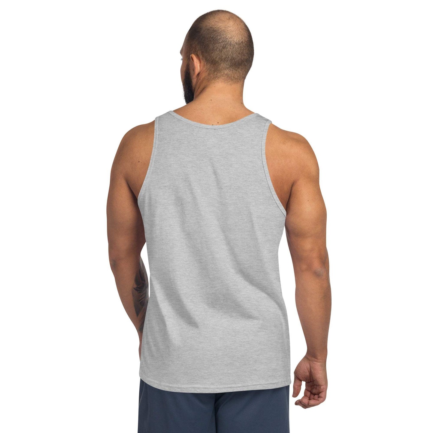 Men's Aloha Tank in light gray, showcasing back view, made of soft combed and ringspun cotton.
