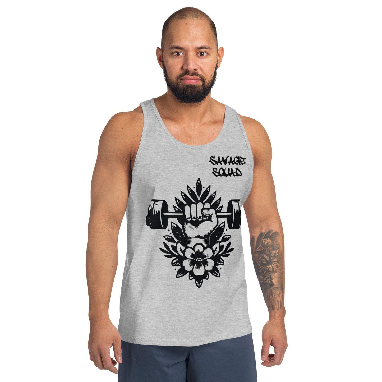 Men's Aloha Tank in gray with floral and dumbbell design.
