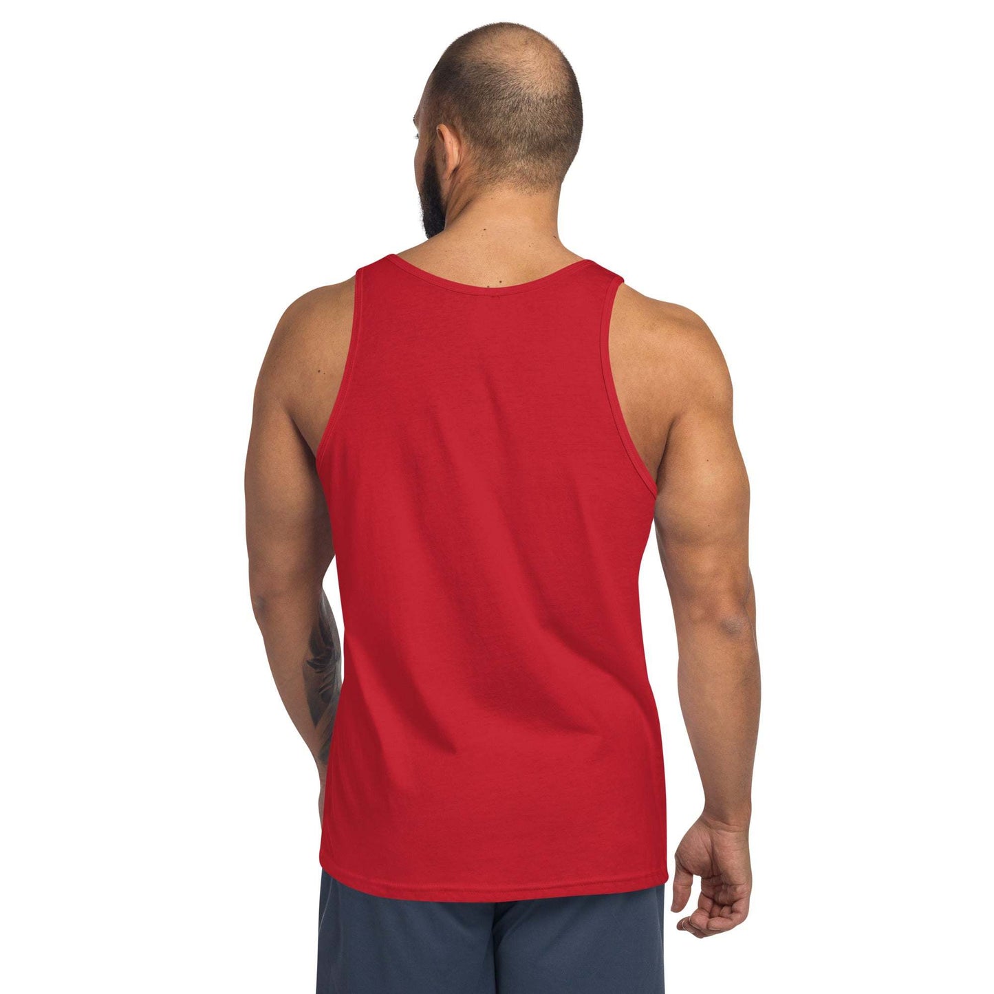 Red Men's Aloha Tank Top, classic design, 100% cotton, rear view.