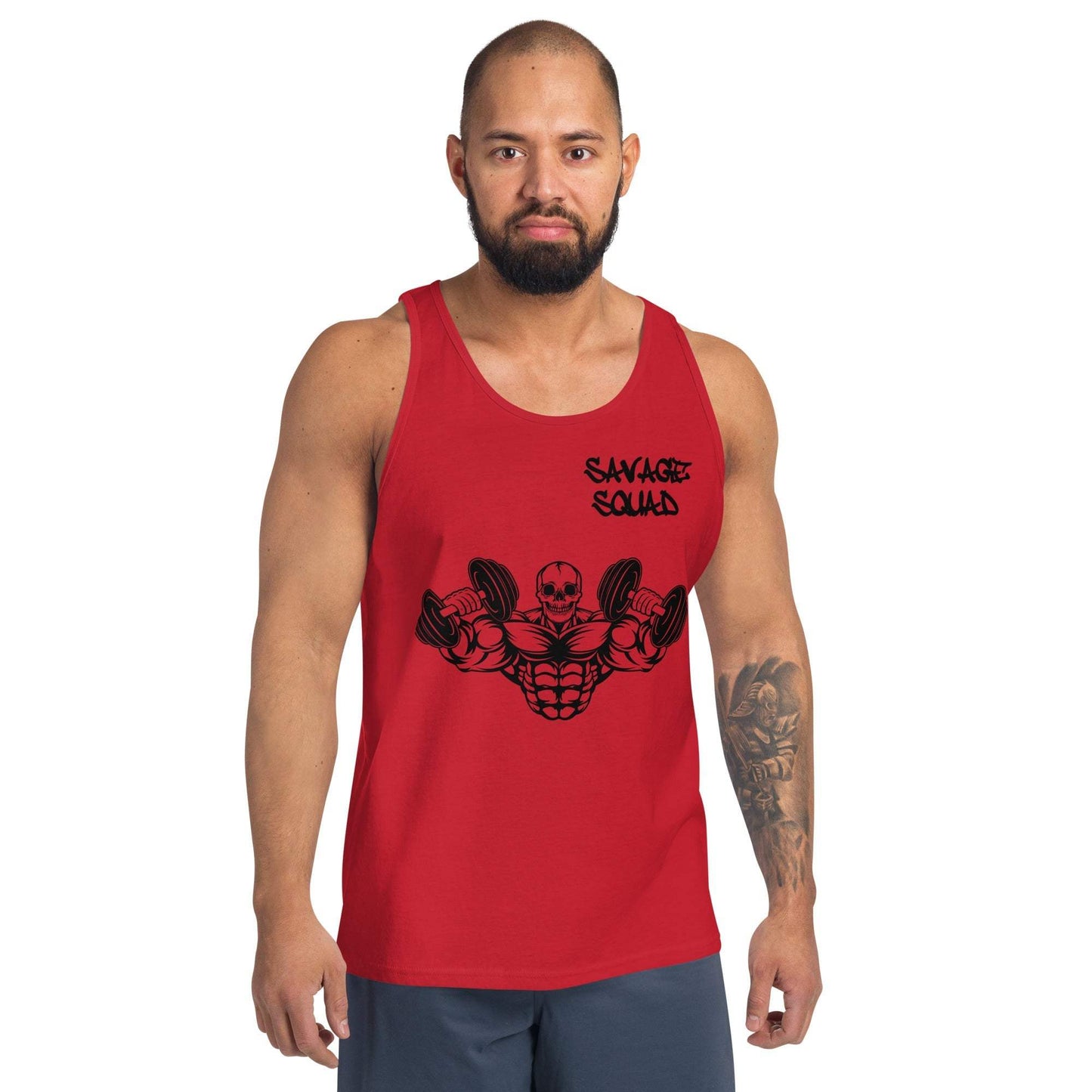 Red men's muscle tank top featuring a bold graphic design.