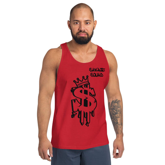 Men's Money Tank in red with a dollar sign graphic, made of soft combed and ringspun cotton.