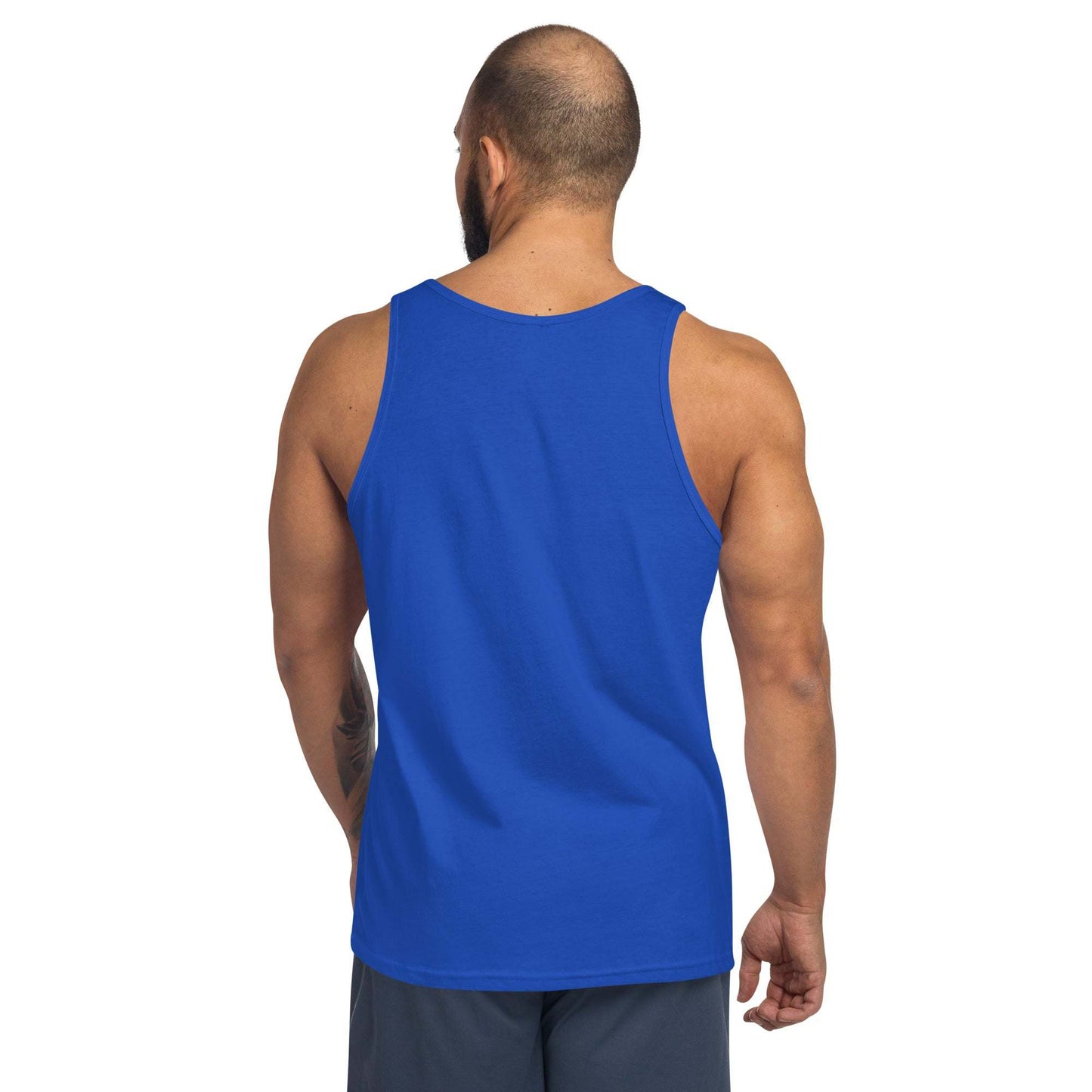 Men's Aloha Tank in vibrant blue color, made from soft combed and ringspun cotton, back view.