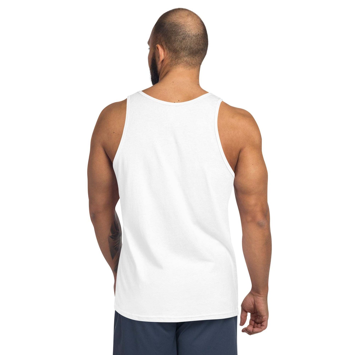 Men's Aloha Tank in white, sleeveless design, showing back view on male model.