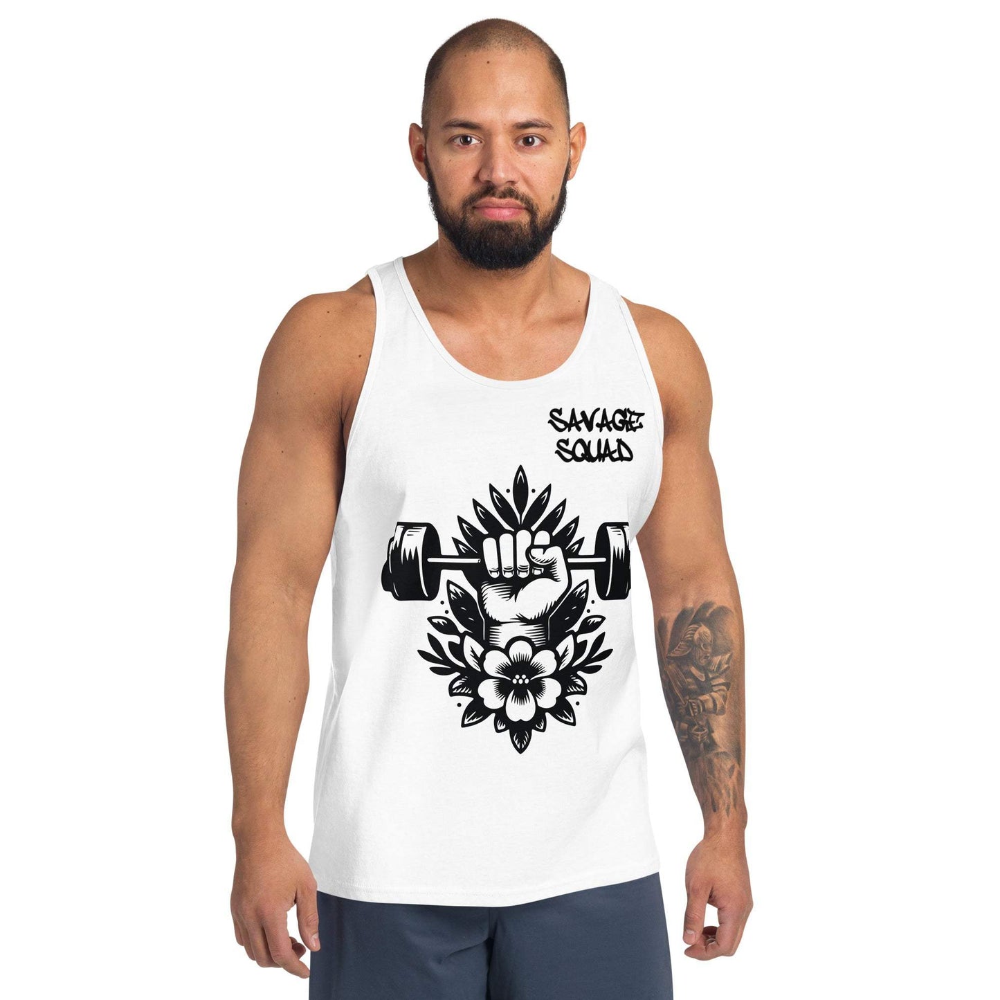 Men's Aloha Tank with gym-themed design, featuring durable cotton blend fabric.