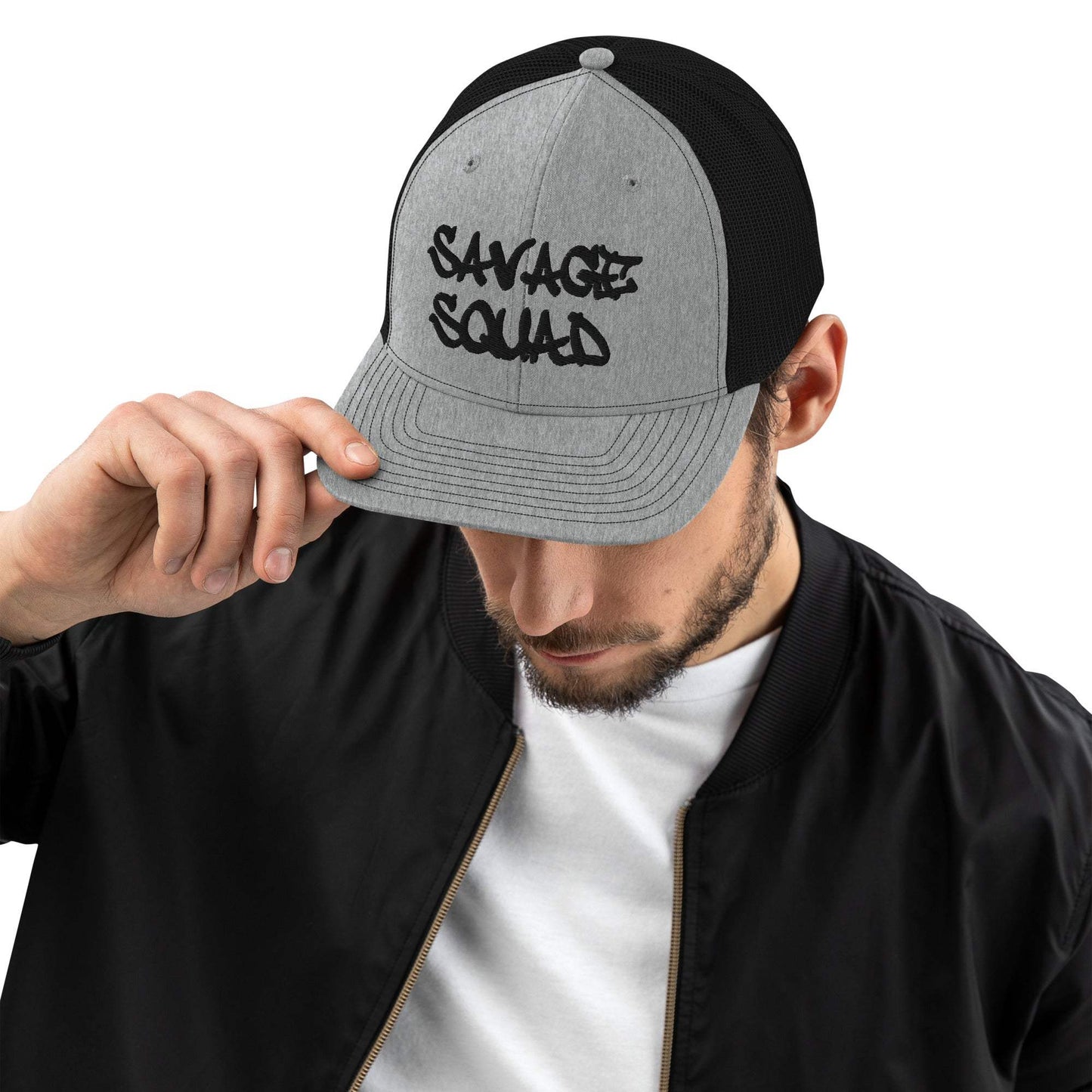 Savage Squad Snapback with embroidered logo, structured fit, adjustable plastic snapback, and curved visor.