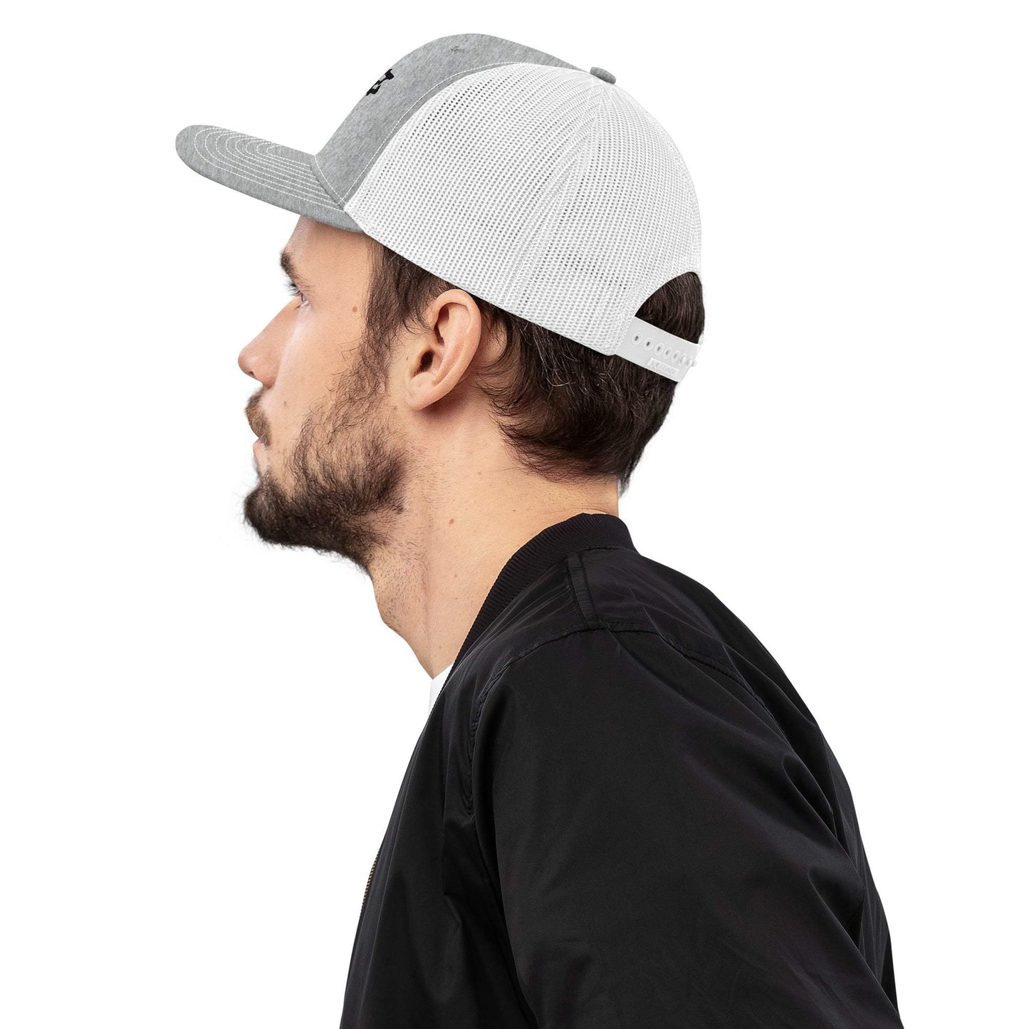 Savage Squad Snapback with mesh back and curved visor, side view.