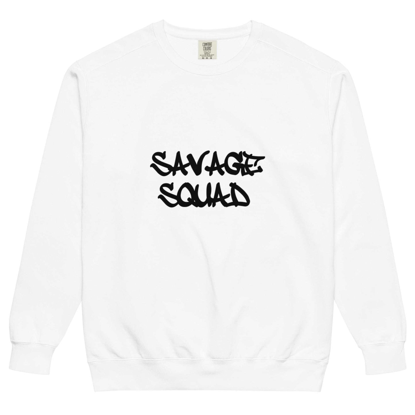 White crewneck sweatshirt with "Savage Squad" text in black, relaxed fit, vintage-washed colors.