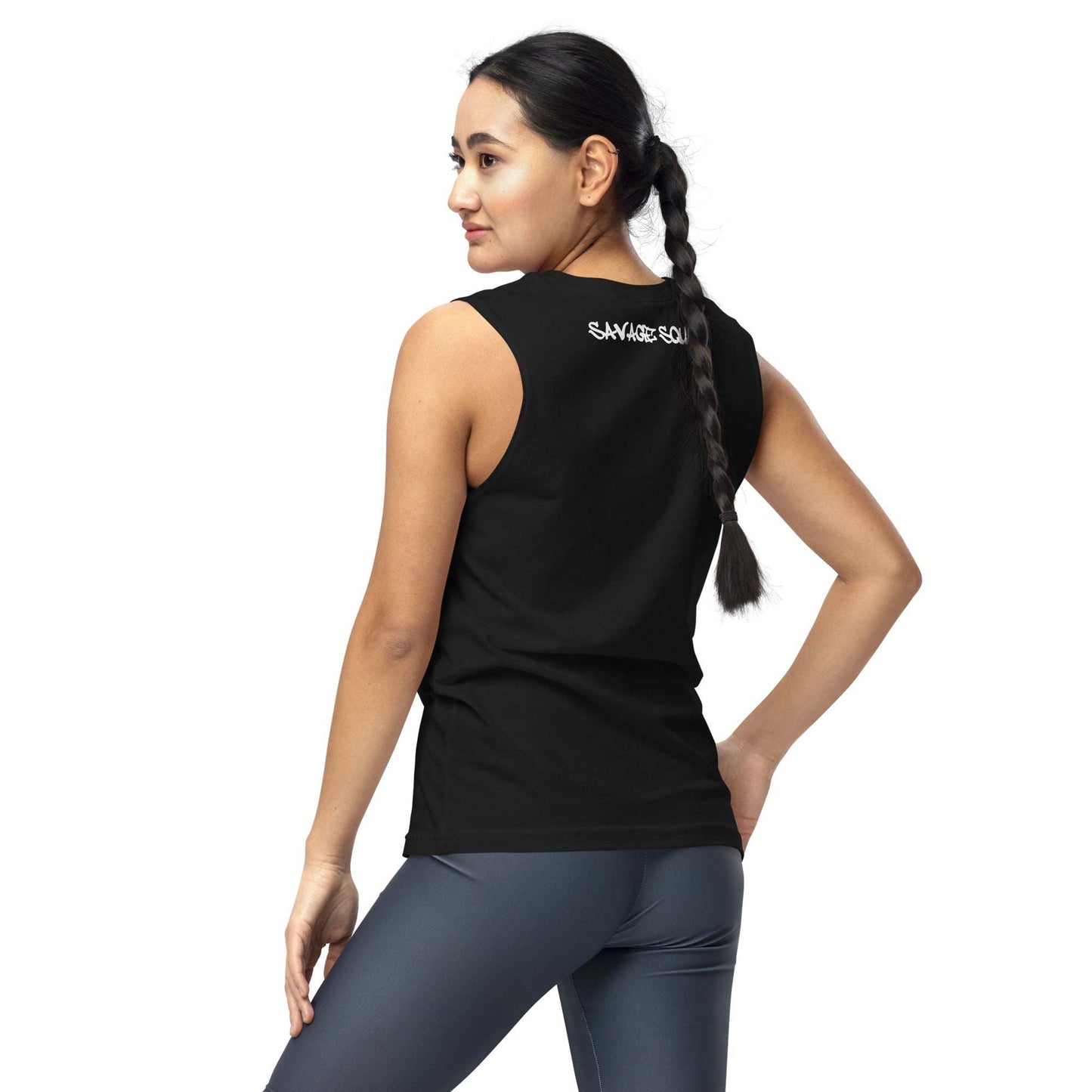 Women's Cheetah Tank in black, featuring a relaxed fit and low-cut armholes.