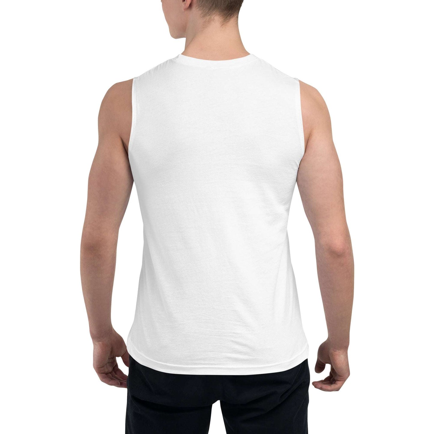 Men's white pre workout tank, relaxed fit, cotton, low-cut armholes, back view.