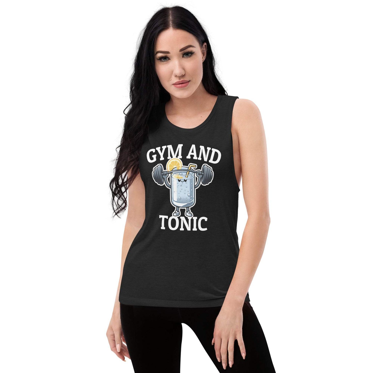 Women's Tonic Tank with "Gym and Tonic" graphic, relaxed fit, low cut armholes, black heather color.