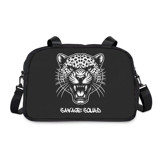 Savage Squad Fitness Bag with cheetah design, 12.4" x 13.3" size.