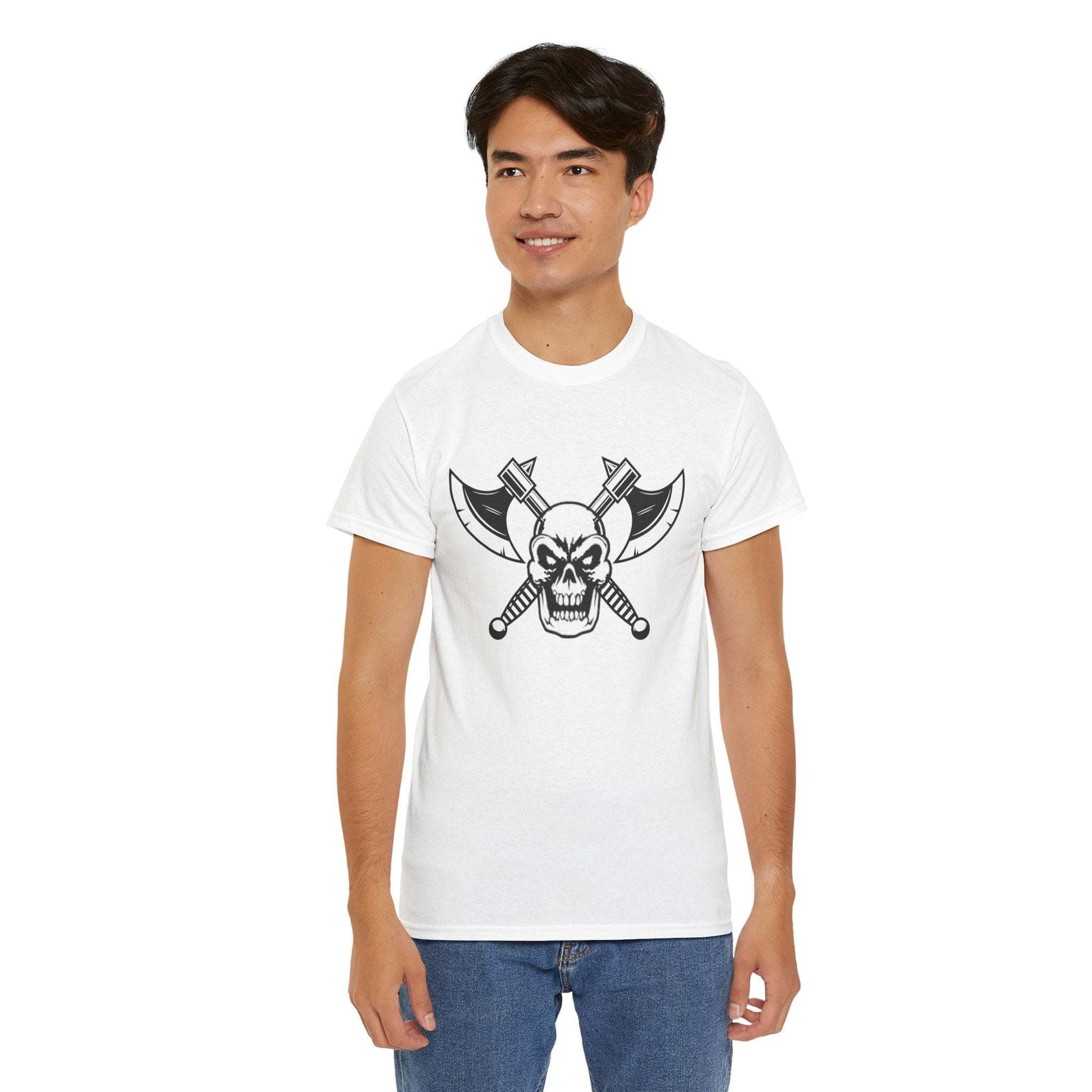 Savage Squad X WARHAMMER gym shirt featuring skull and axe design, worn by a male model.