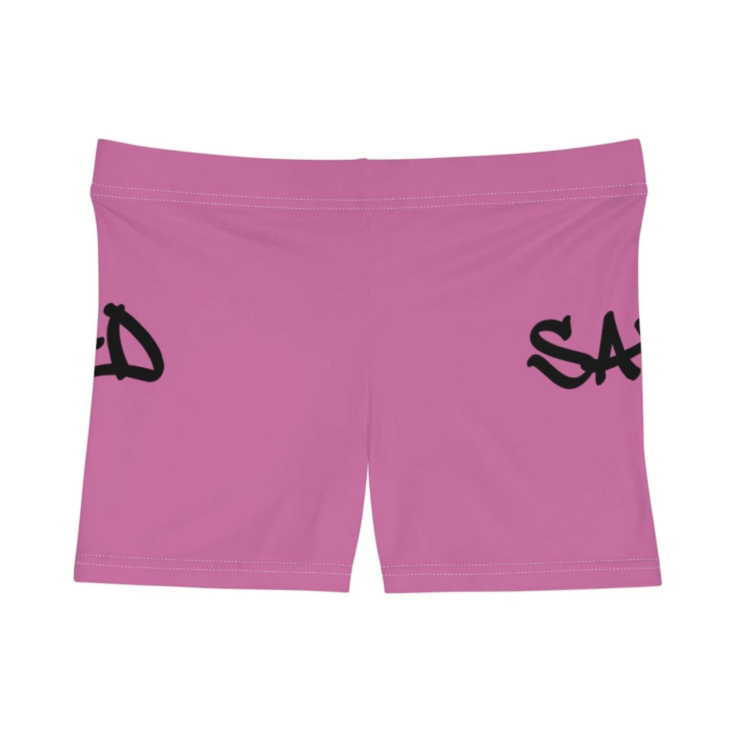 Pink Savage Squad Shorts with black lettering, size L.
