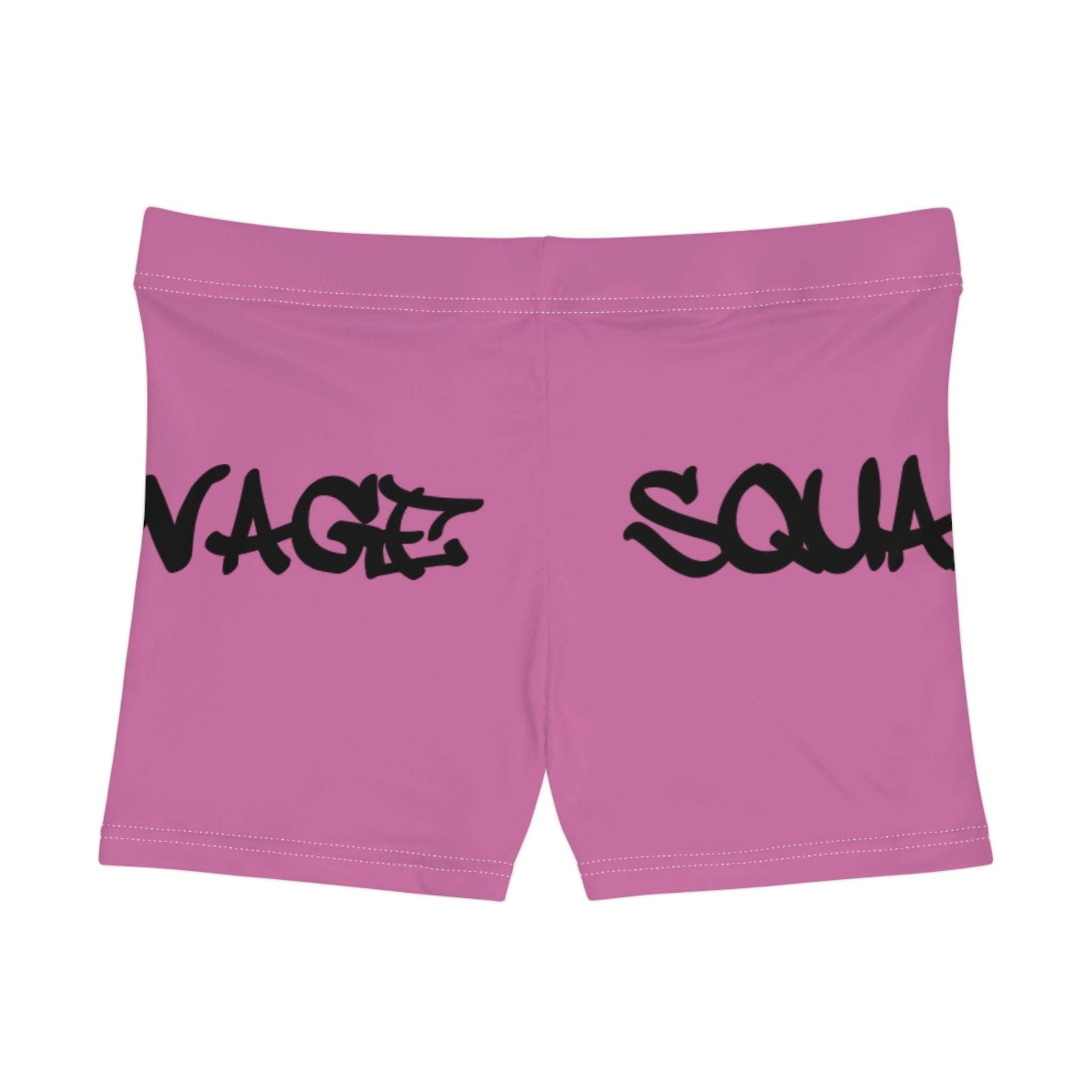 Pink Savage Squad Shorts with bold text design.