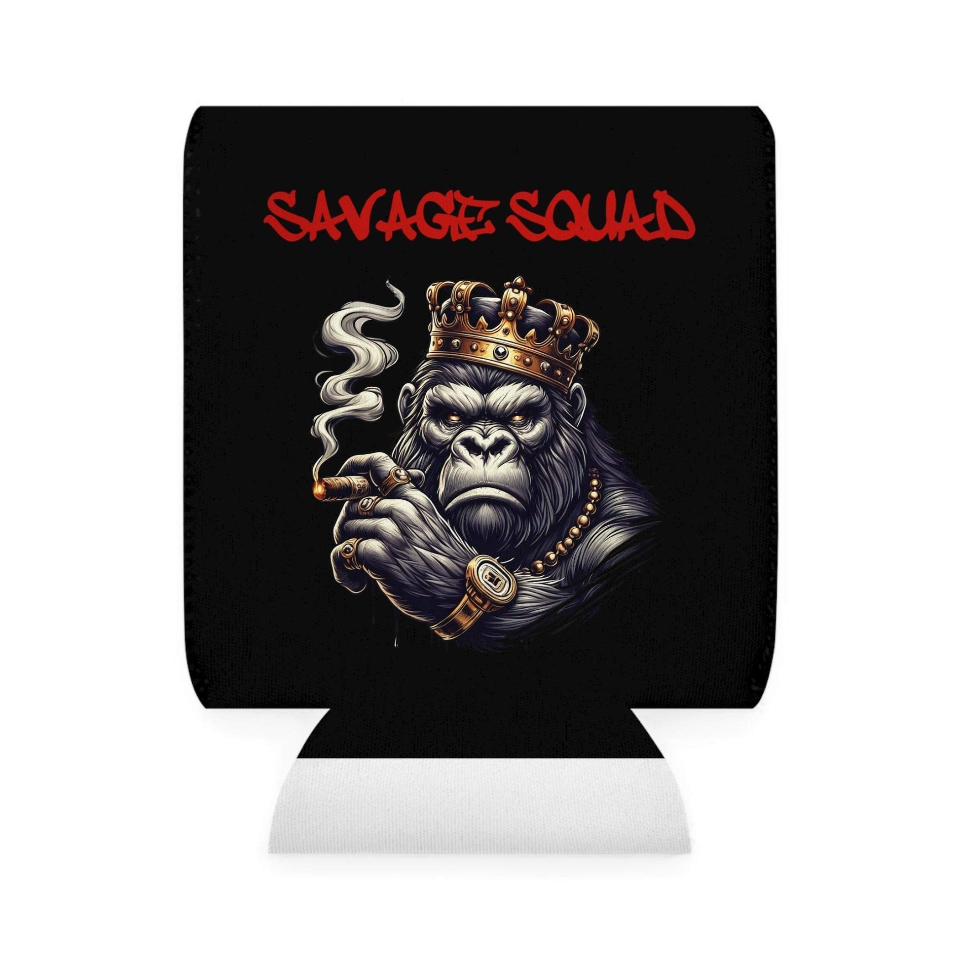 KING DOC Hold My Beer can cooler with gorilla in crown holding cigar.