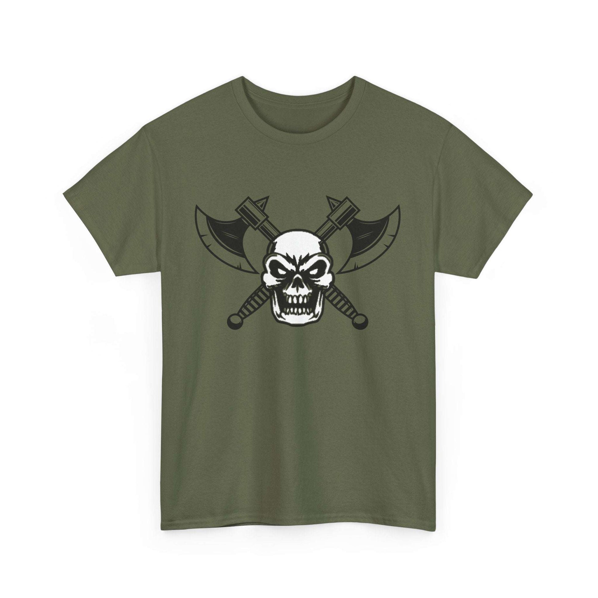 Savage Squad Gym Shirt featuring skull and crossed axes design on green fabric.