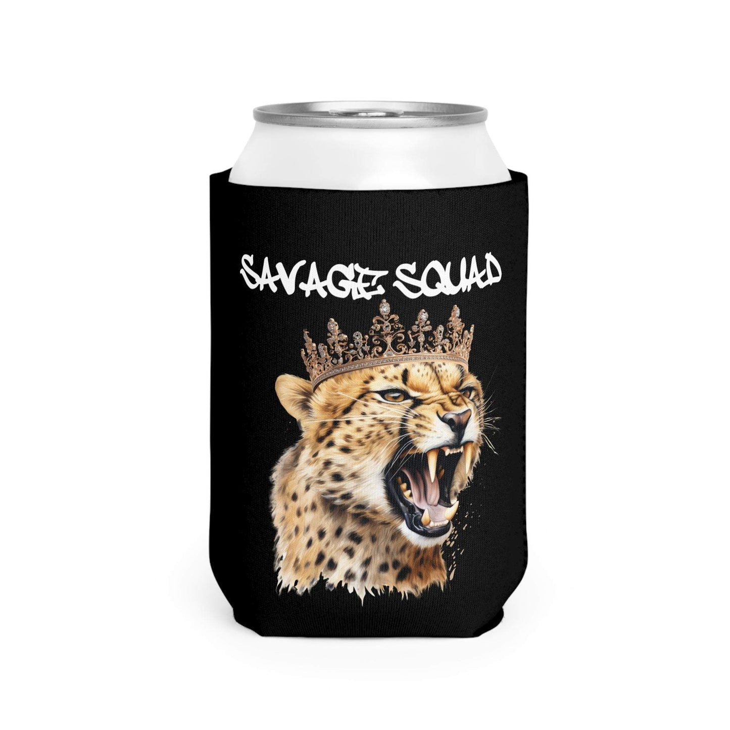 QUEEN DOC Hold My Beer can cooler with roaring leopard and crown design.