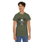 Man wearing a green gym shirt with a skull and cross axes design.