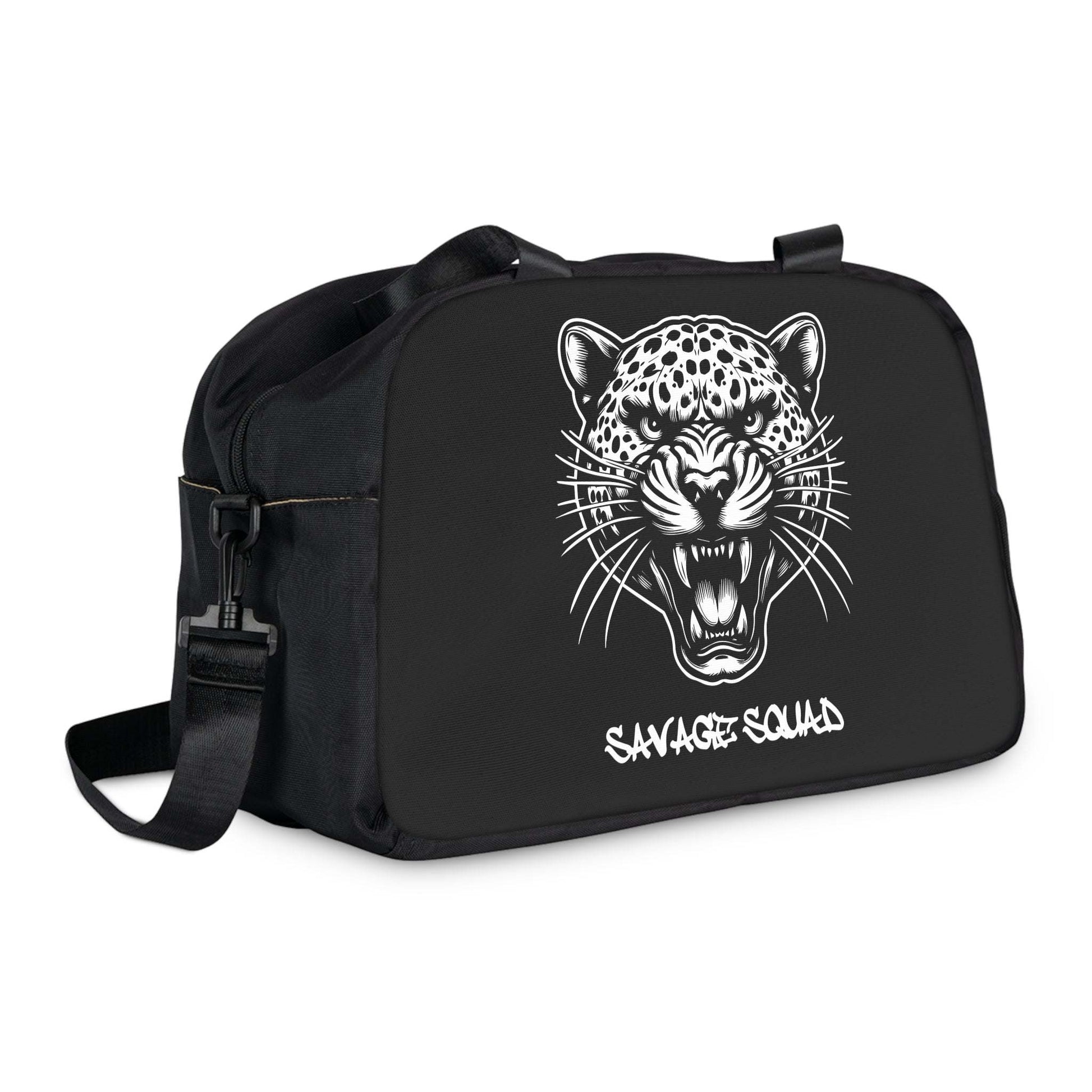 Savage Squad Fitness Bag with cheetah design, black, 12.4"x13.3".