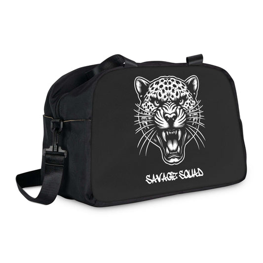 Savage Squad Fitness Bag with cheetah design, black, 12.4"x13.3".