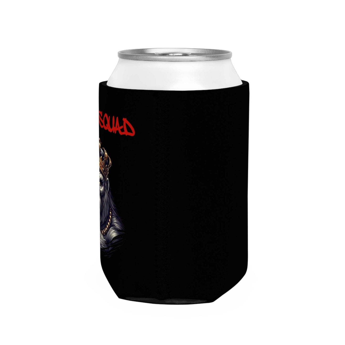 Black can cooler with "KING DOC Hold My Beer" design featuring a lion wearing a crown.