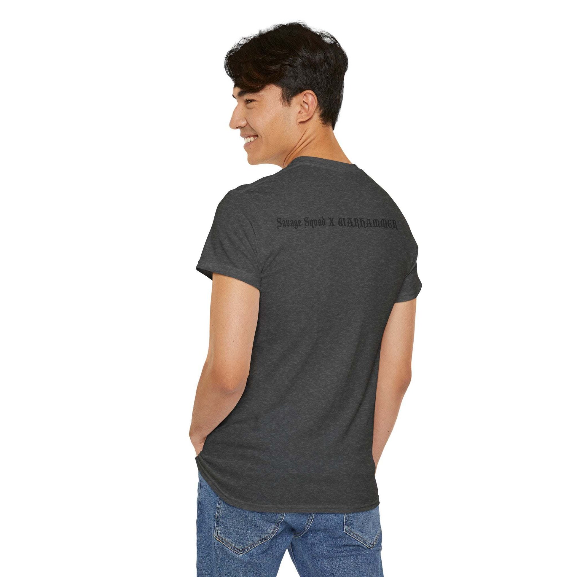 Savage Squad X WARHAMMER gym shirt in dark gray, back view.