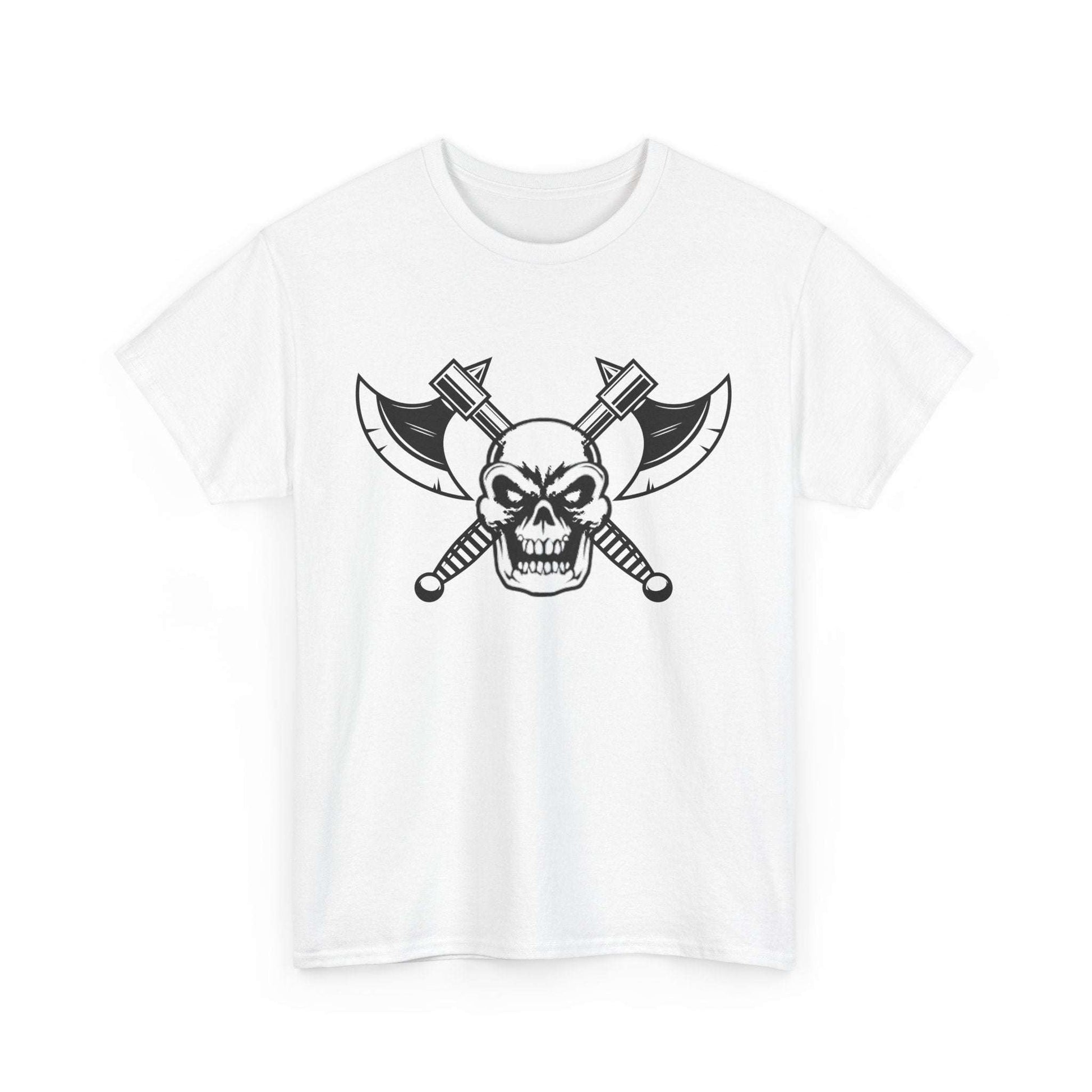 Savage Squad X Warhammer white gym shirt with skull and axes design.