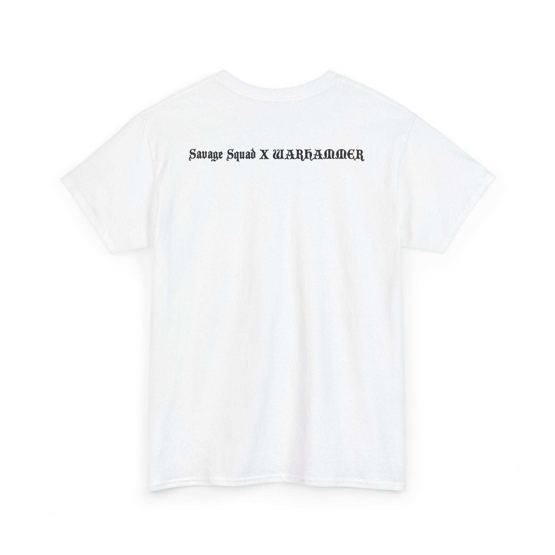 Savage Squad X WARHAMMER gym shirt, back view, white color, various sizes available.