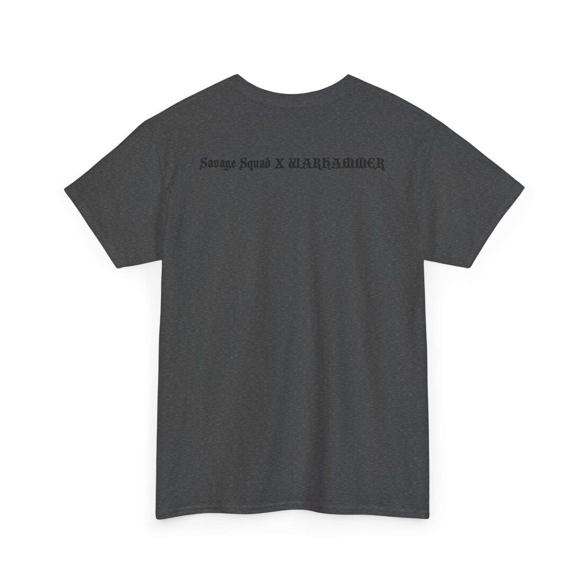 Savage Squad X WARHAMMER gym shirt in dark color, showcasing back design.