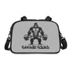 Savage Squad Fitness Bag with gorilla design, black and gray, adjustable strap, perfect for gym use.