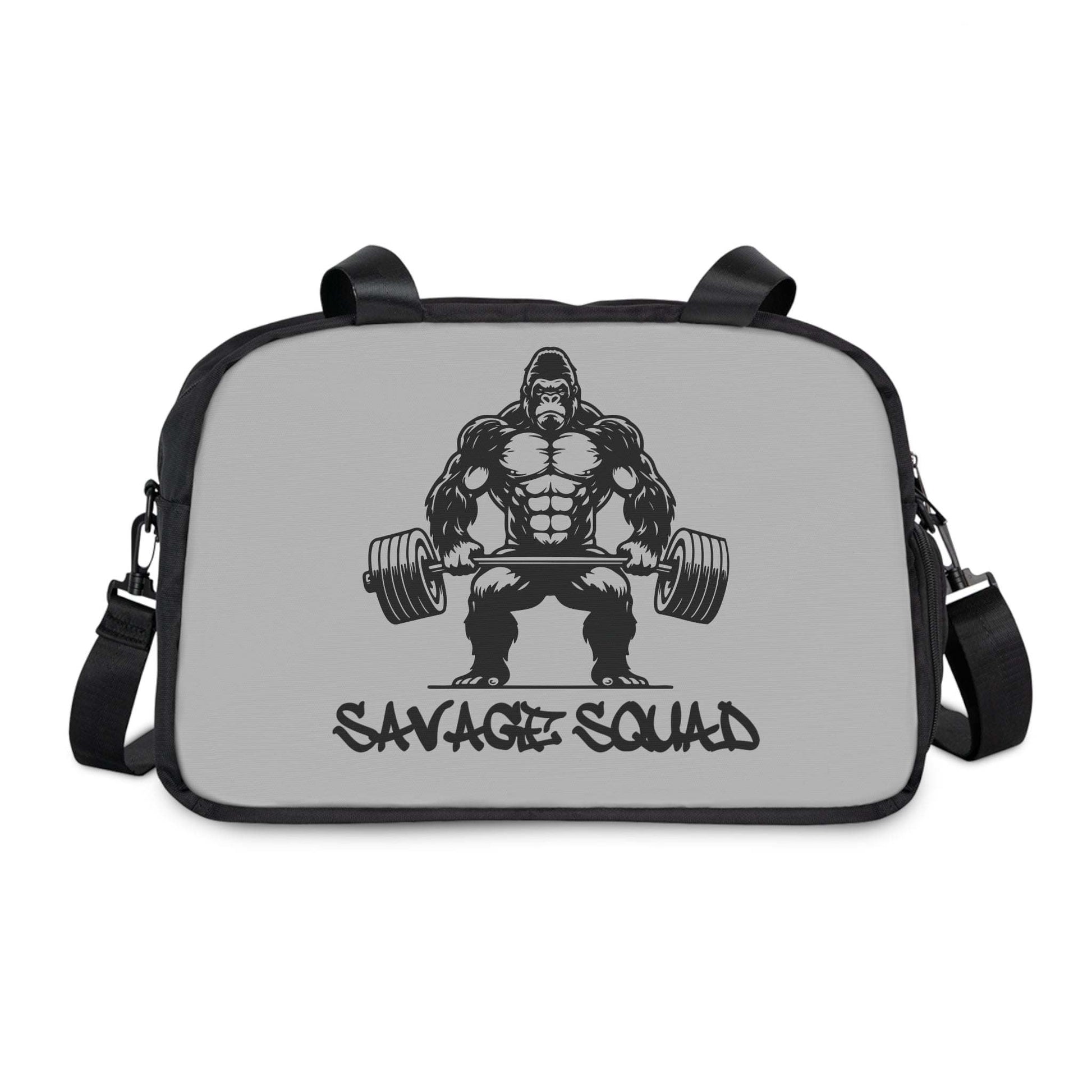 Savage Squad Fitness Bag with gorilla design, black and gray, adjustable strap, perfect for gym use.