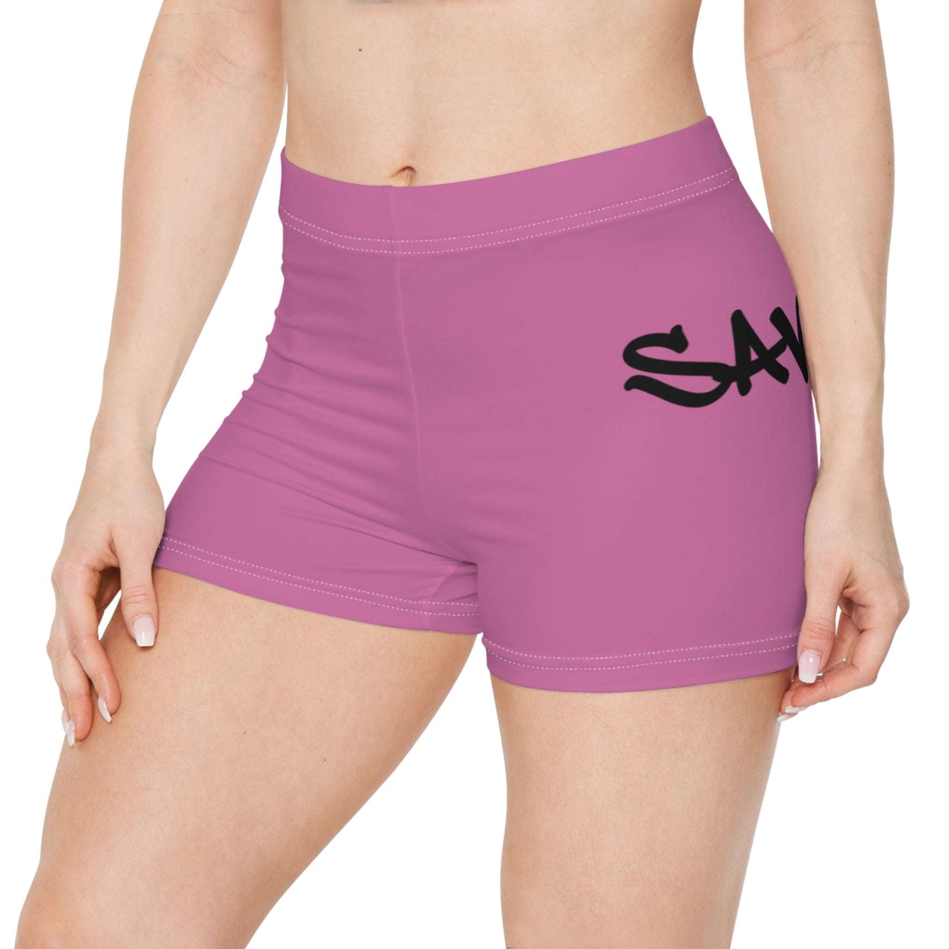 Pink “Savage Squad Shorts” with stylish design and comfortable fit.