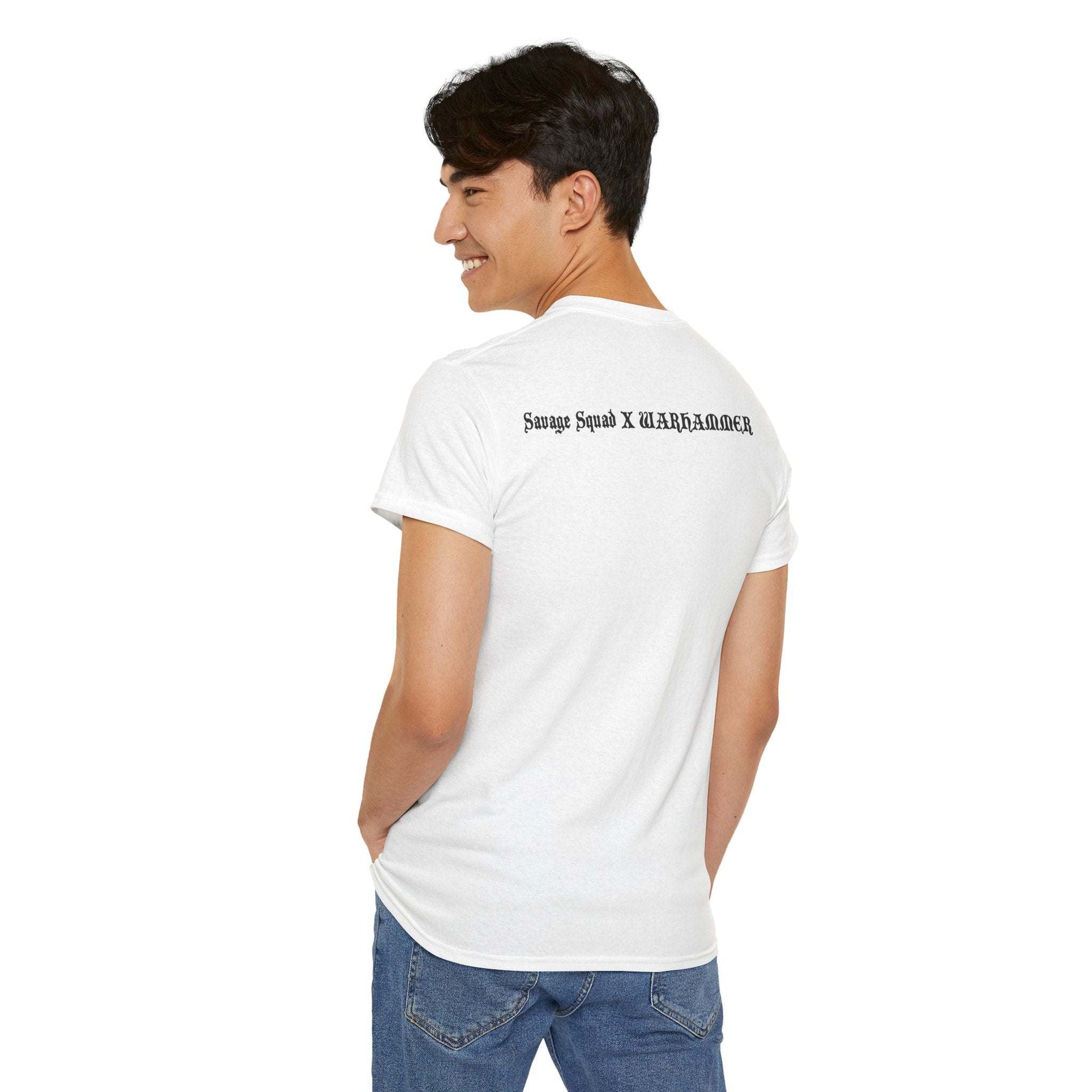 Man wearing white Savage Squad X WARHAMMER gym shirt with back logo design.
