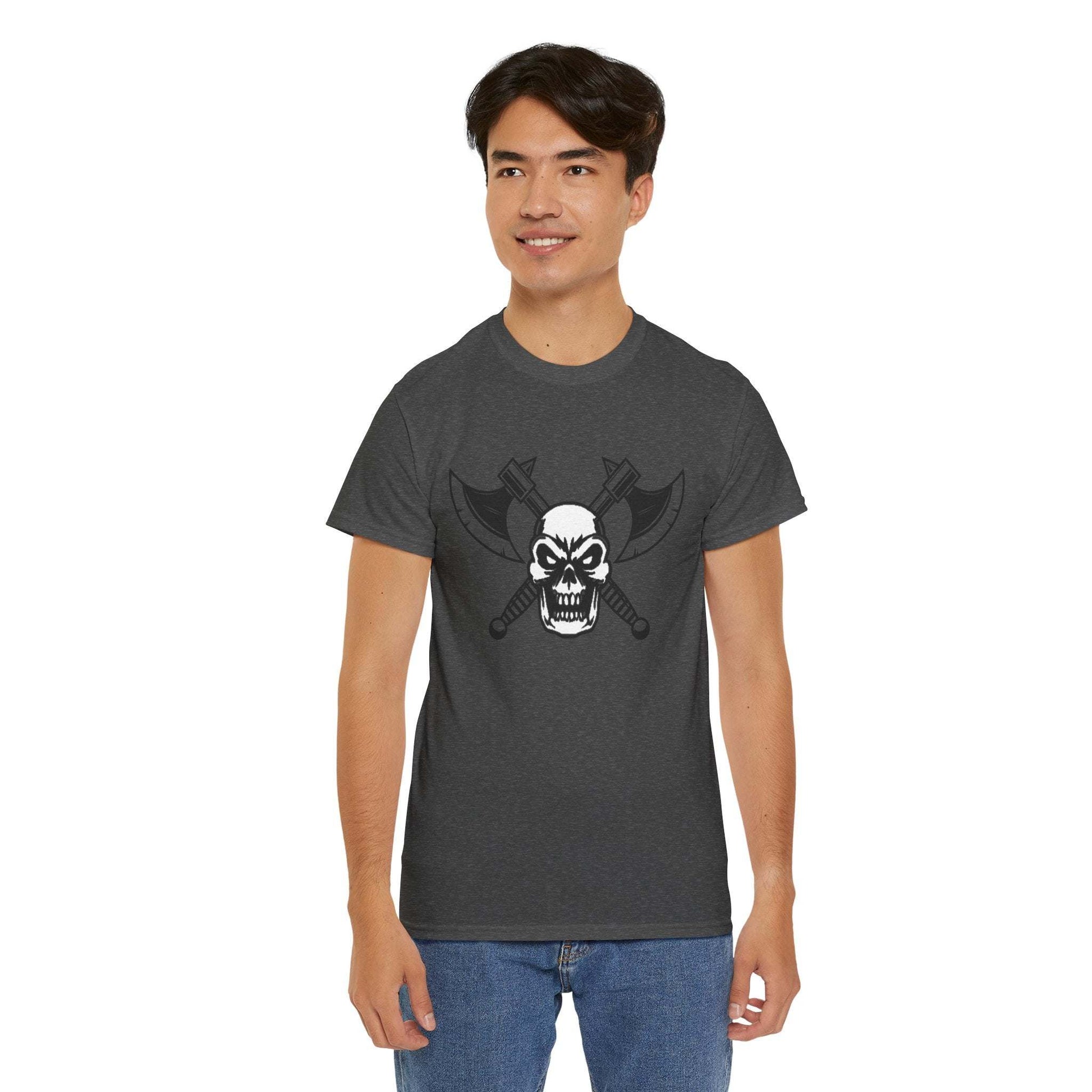 Savage Squad X WARHAMMER gym shirt with skull and axes design, modeled by a person, ideal for workouts.